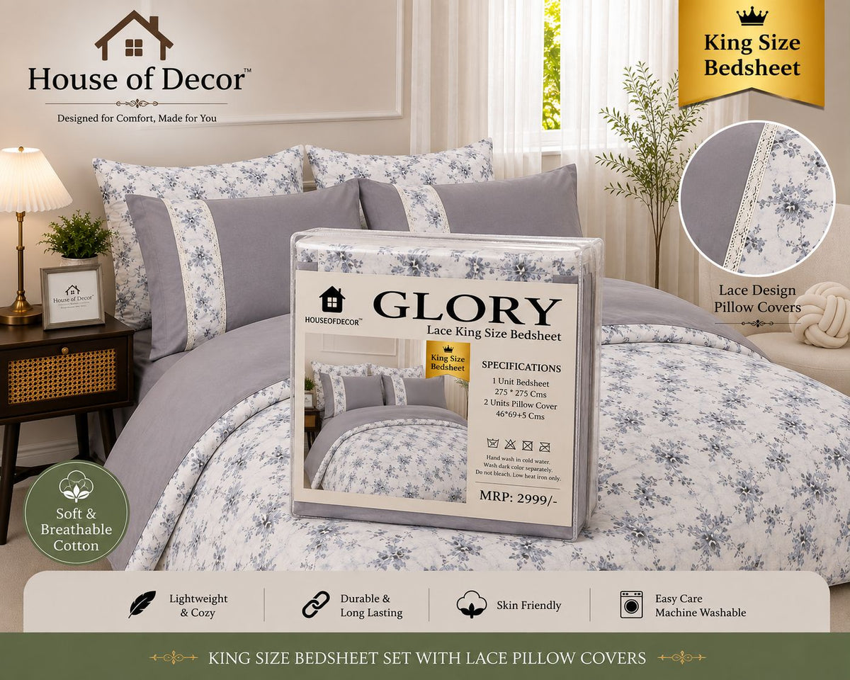 King Size 250TC Pure Cotton Bedsheet Set - Smoke Gray Cream