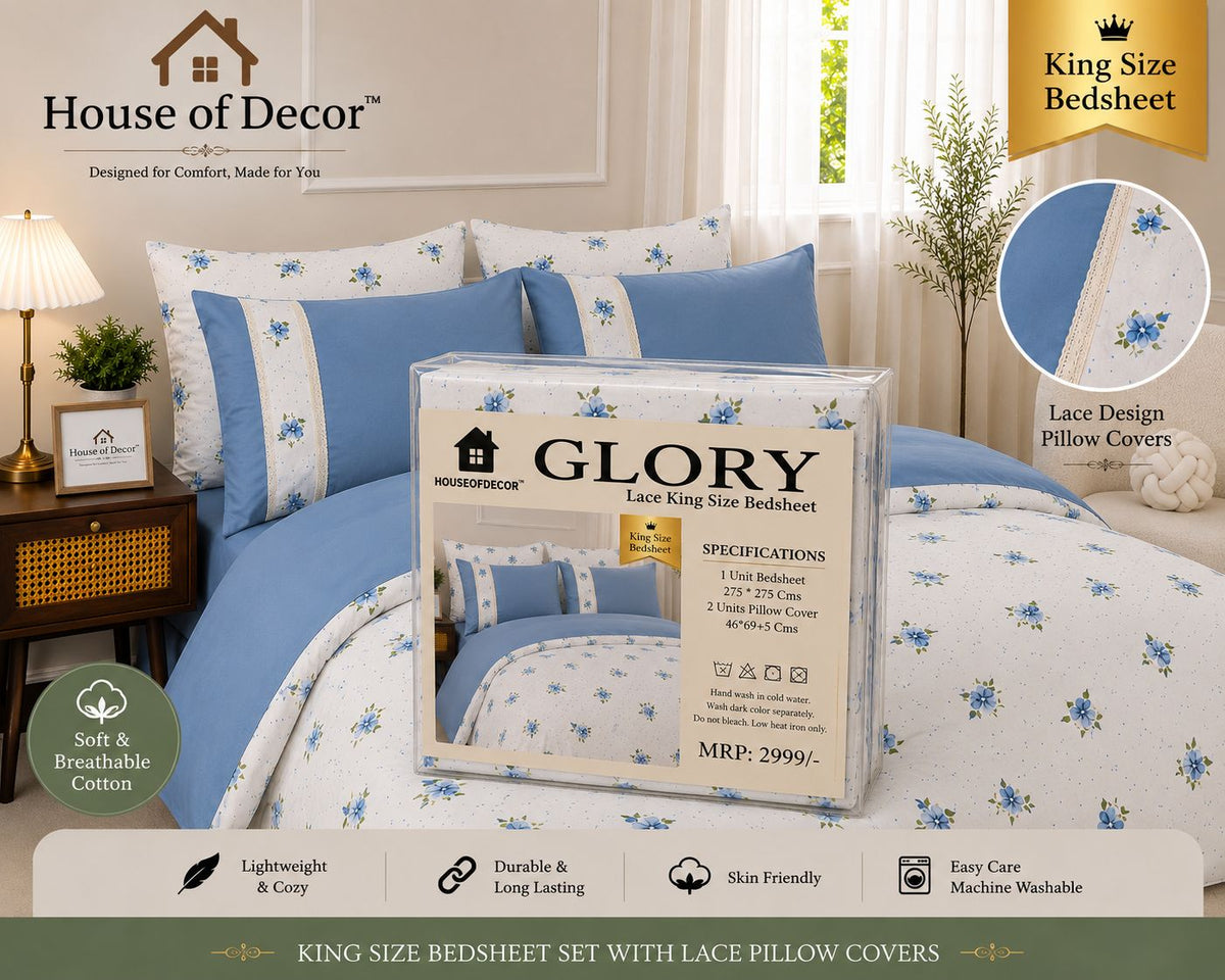 King Size 250TC Pure Cotton Bedsheet Set - Blue Cream