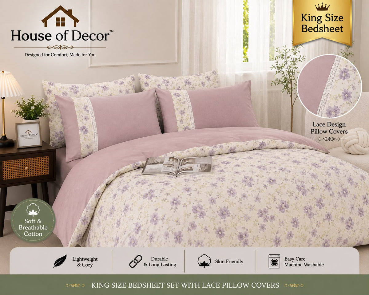 King Size 250TC Pure Cotton Bedsheet Set - Dark Pink Cream