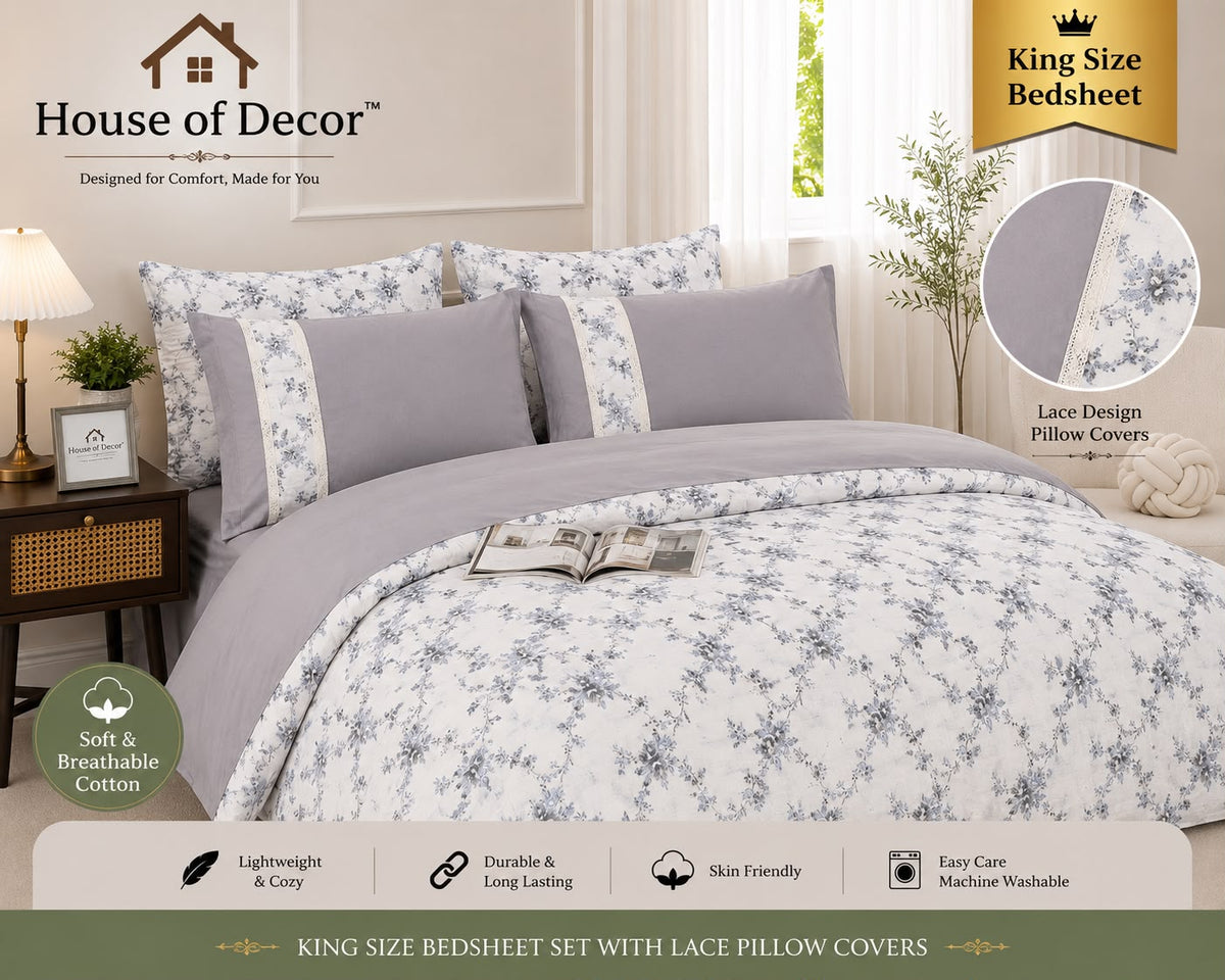 King Size 250TC Pure Cotton Bedsheet Set - Smoke Gray Cream