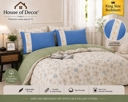King Size 250TC Pure Cotton Bedsheet Set - Green Cream