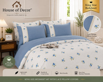 King Size 250TC Pure Cotton Bedsheet Set - Blue Cream