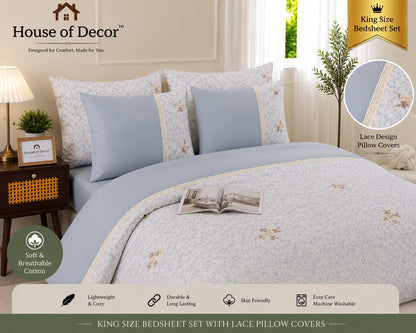 King Size 250TC Pure Cotton Bedsheet Set - Gray Cream