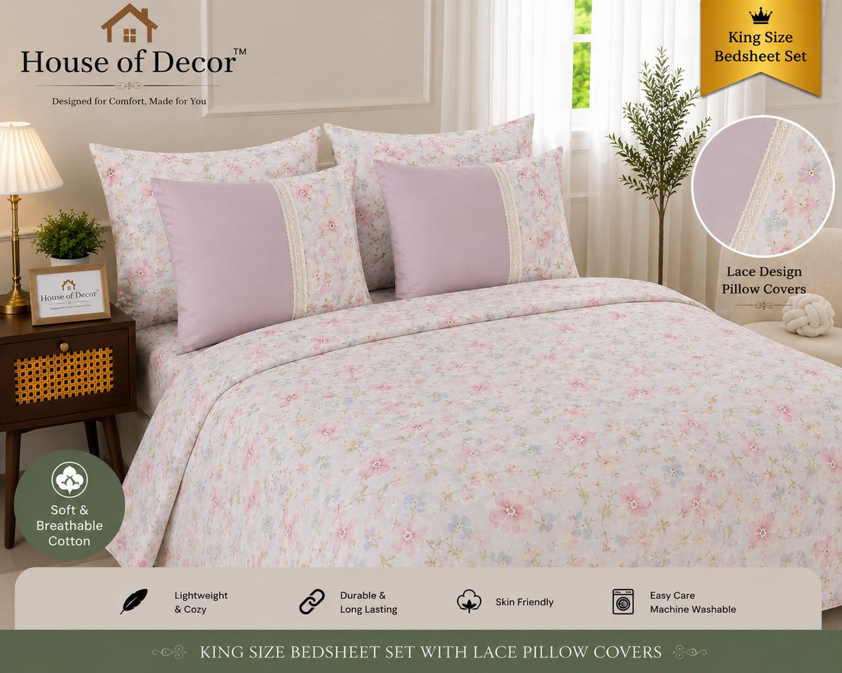 King Size 250TC Pure Cotton Bedsheet Set - Pink Cream