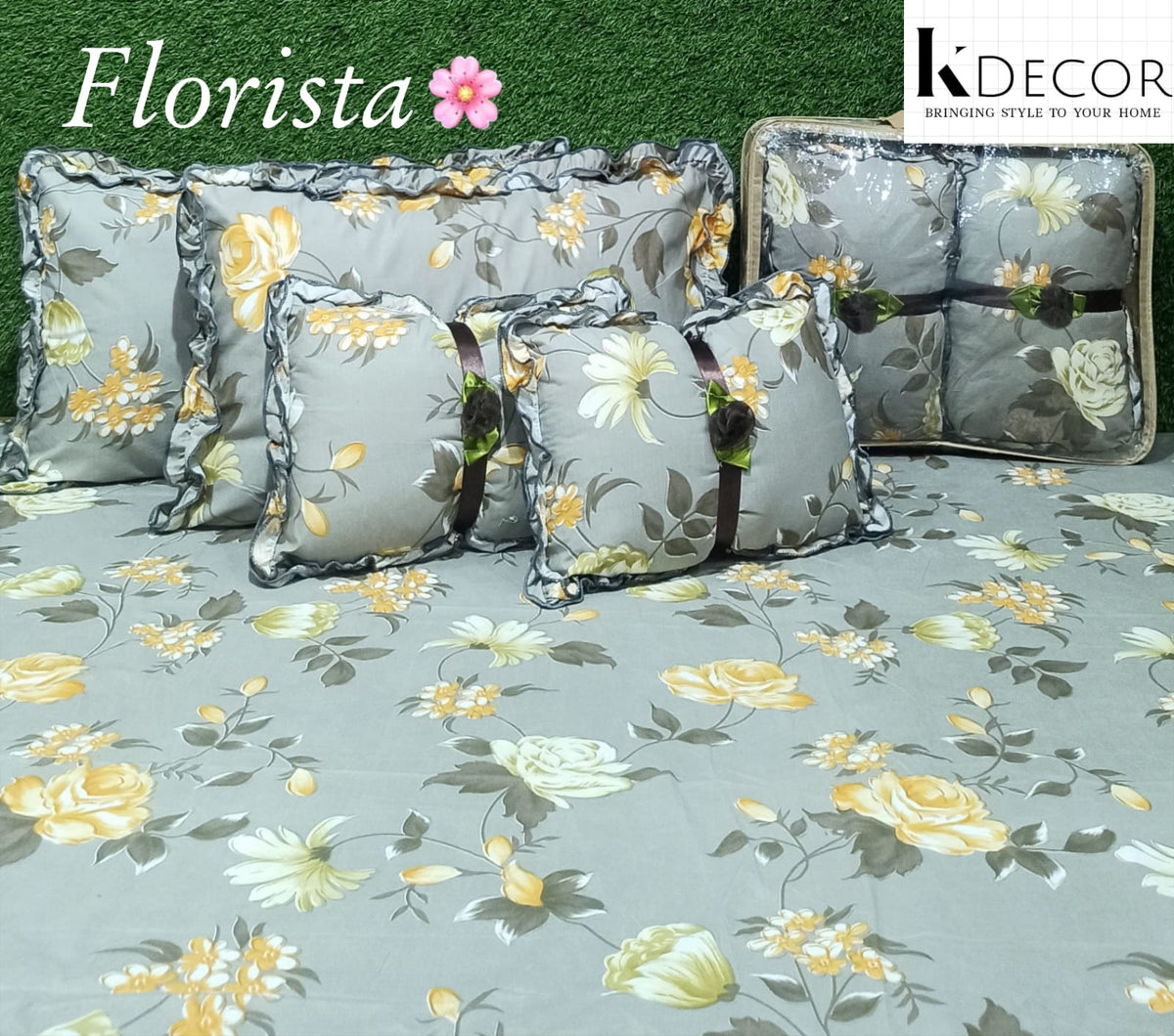 Floral 5-Piece Bedding Set - Gray Yellow