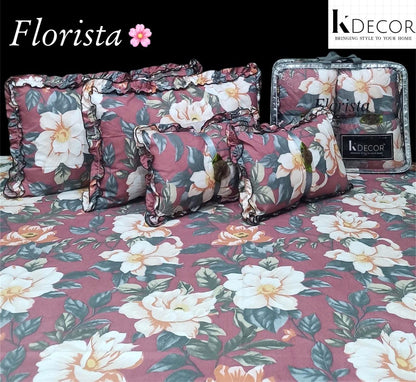 Floral 5-Piece Bedding Set - Dark Pink Cream