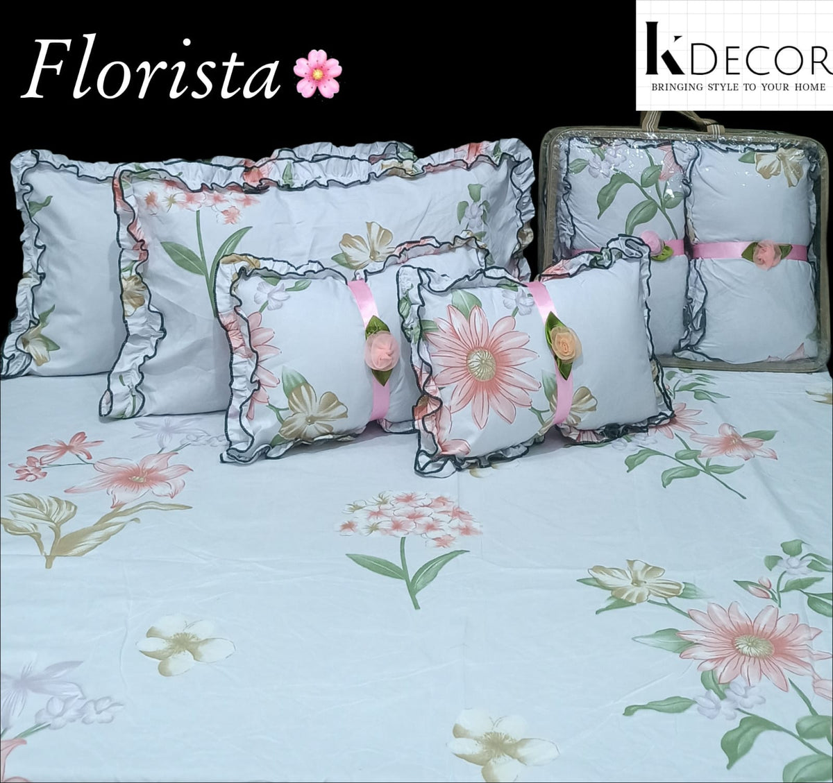 Floral 5-Piece Bedding Set - Blue Cream