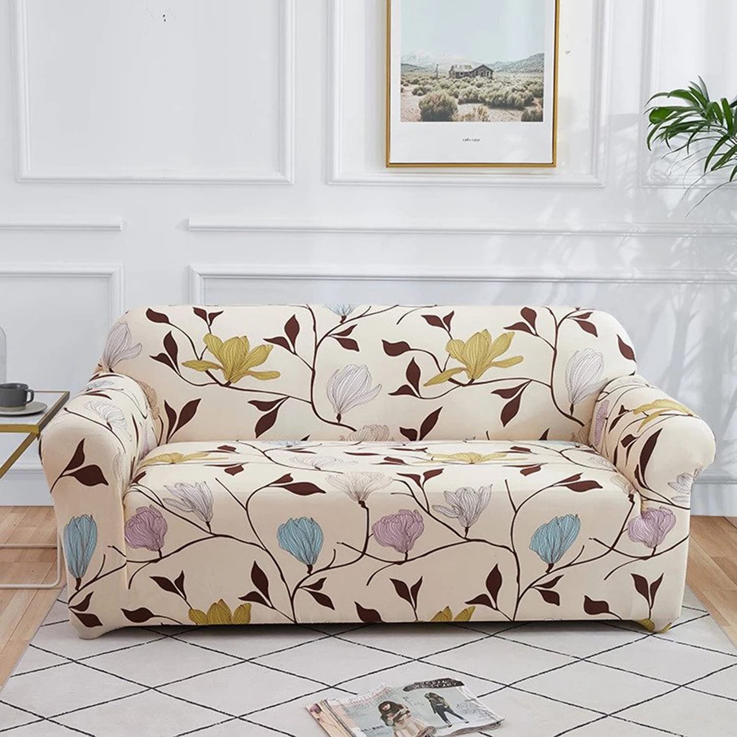 L Shape MellowCovers Blooming Beige Strechable Sofa Cover